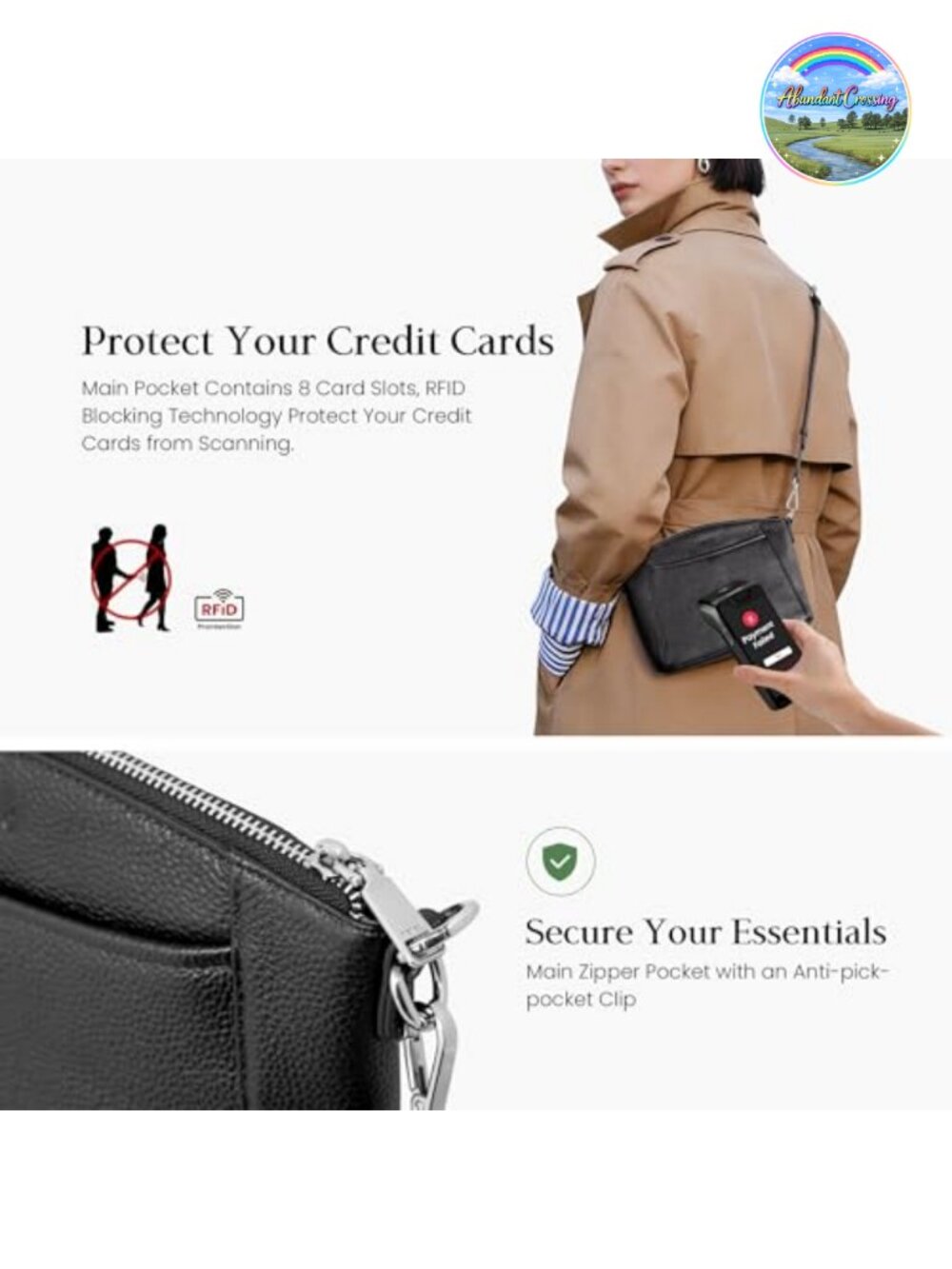 Genuine Leather Anti-Theft Small Crossbody Bag RFID Travel Purse - Picture 2 of 6